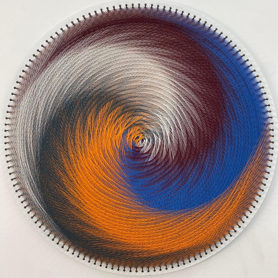 Cosmic Spiral, string art in burgundy, blue, orange and white